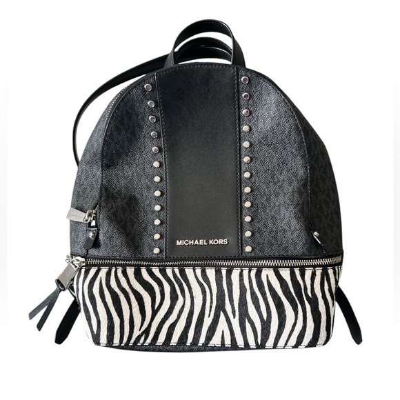 Michael Kors Rhea Medium Studded Logo and Zebra Calf Hair Backpack NWT - Picture 1 of 7